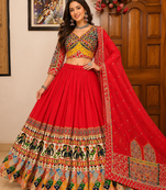 Red Navratri Special Printed Muslin Cotton Lehenga Choli with Mirror Work