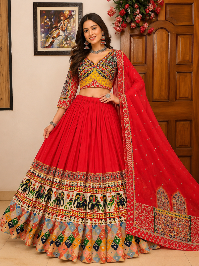 Red Navratri Special Printed Muslin Cotton Lehenga Choli with Mirror Work