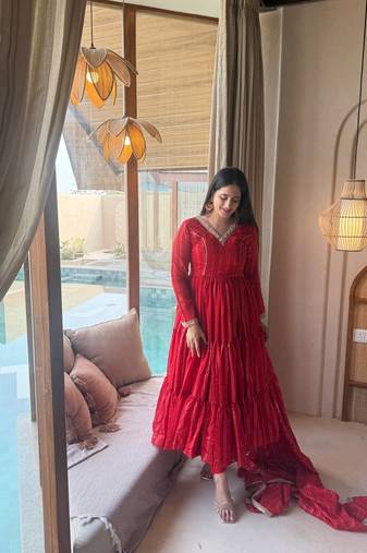 Red brocade silk blend  party wear embroidery sharara suit set