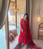 Red brocade silk blend  party wear embroidery sharara suit set