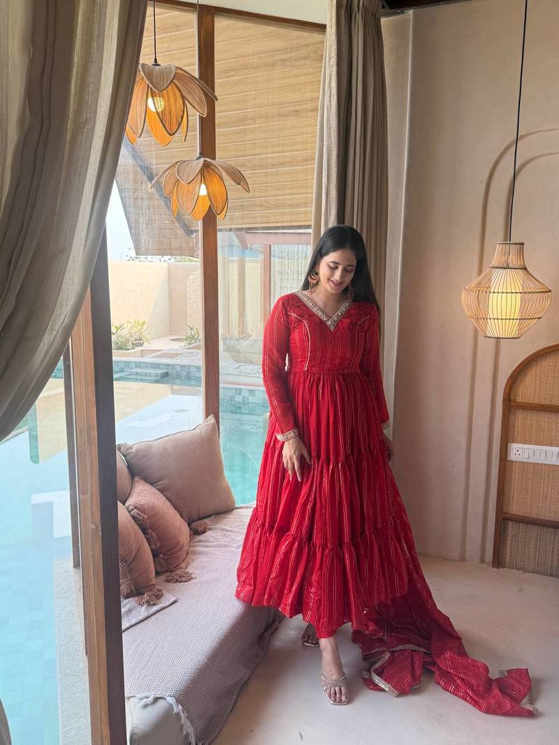 Red brocade silk blend  party wear embroidery sharara suit set