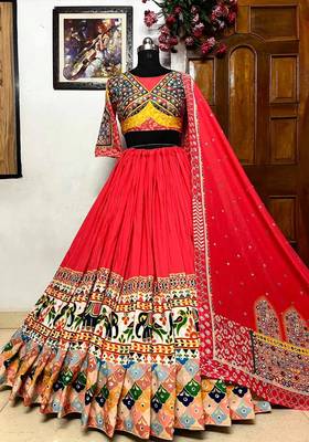 Red Navratri Special Printed Muslin Cotton Lehenga Choli with Mirror Work 2