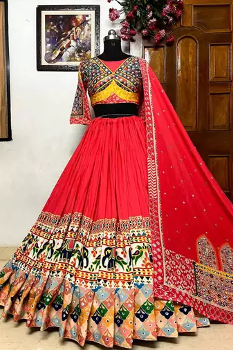 Red Navratri Special Printed Muslin Cotton Lehenga Choli with Mirror Work