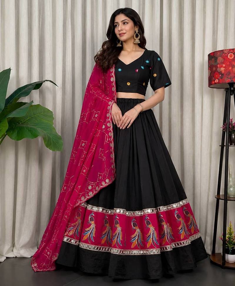 Black Designer Vichitra SilkBlend Navratri Lehenga Choli Set
