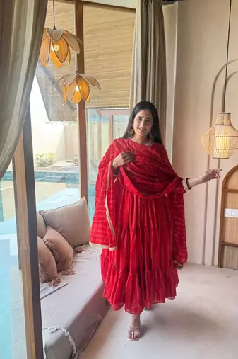 Red brocade silk blend  party wear embroidery sharara suit set