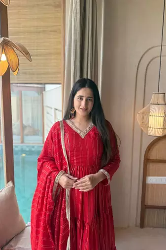 Red brocade silk blend  party wear embroidery sharara suit set