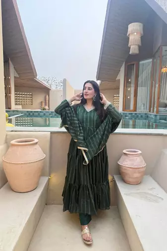 Green brocade silk blend  party wear embroidery sharara suit set