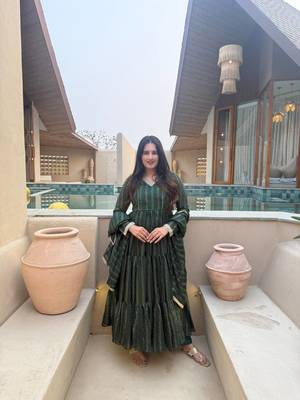 Green brocade silk blend  party wear embroidery sharara suit set 3