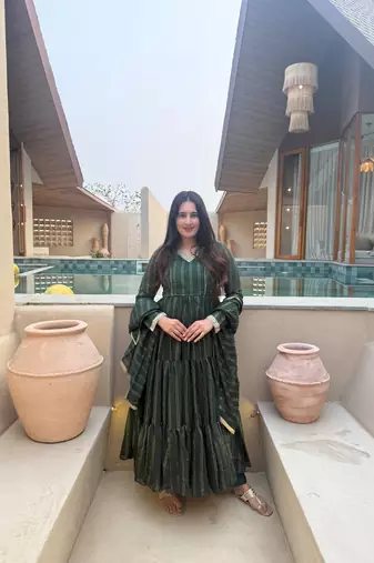 Green brocade silk blend  party wear embroidery sharara suit set