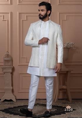White color embroidered open indowestern for men  1