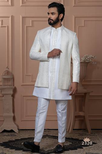 White embroidered open indowestern for men 