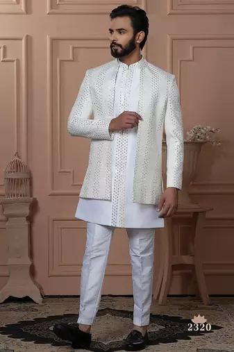 White color embroidered open indowestern for men 
