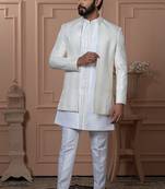 White color embroidered open indowestern for men 