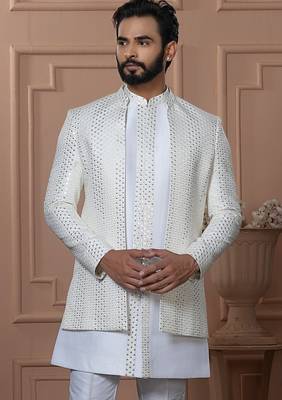 White color embroidered open indowestern for men  2