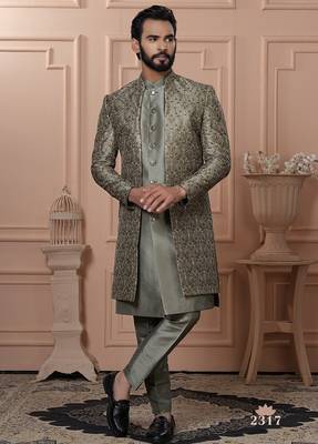 Mendi green color open indowestern for men  1