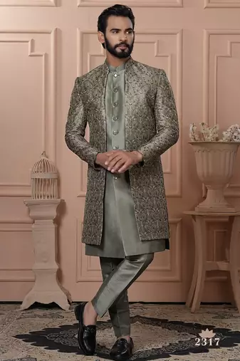 Mendi green color open indowestern for men | premium men's ethnic wear