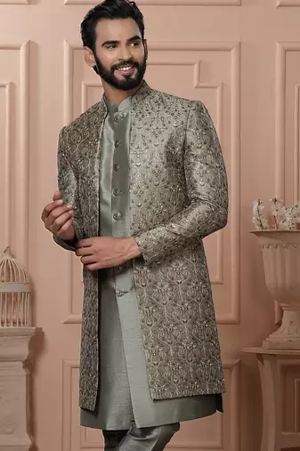 Mendi green color open indowestern for men | premium men's ethnic wear