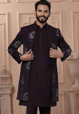 Wine color open indowestern for men  2