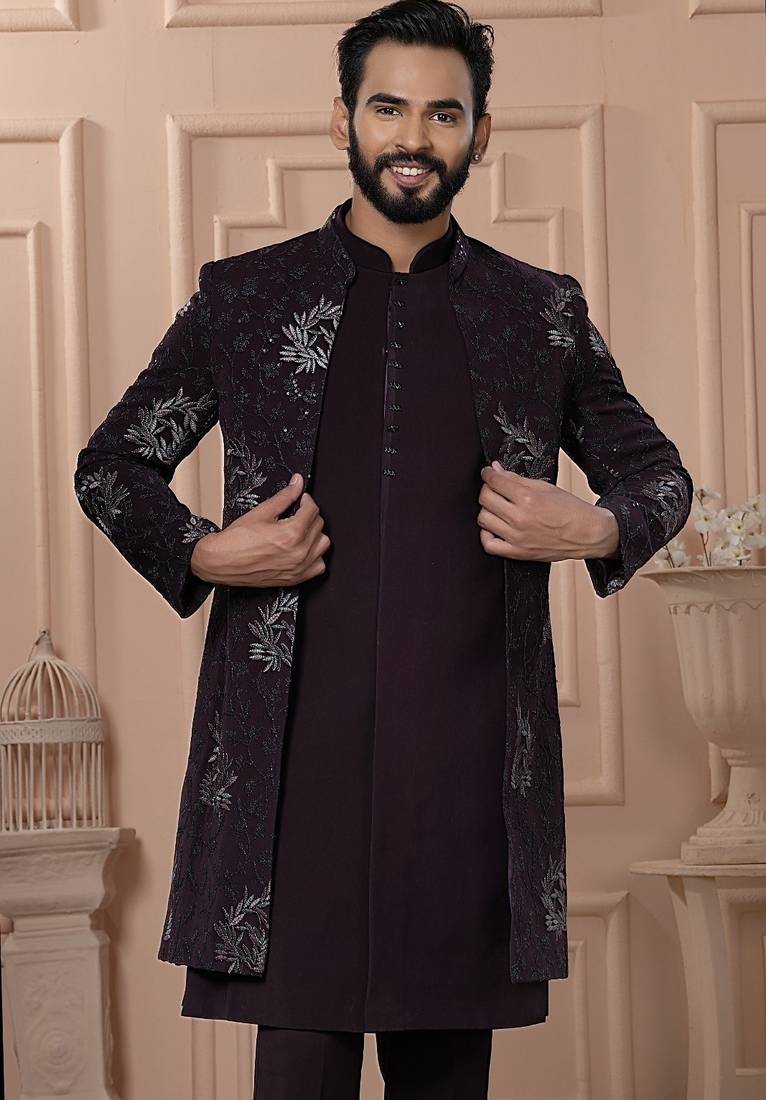 Wine color open indowestern for men 