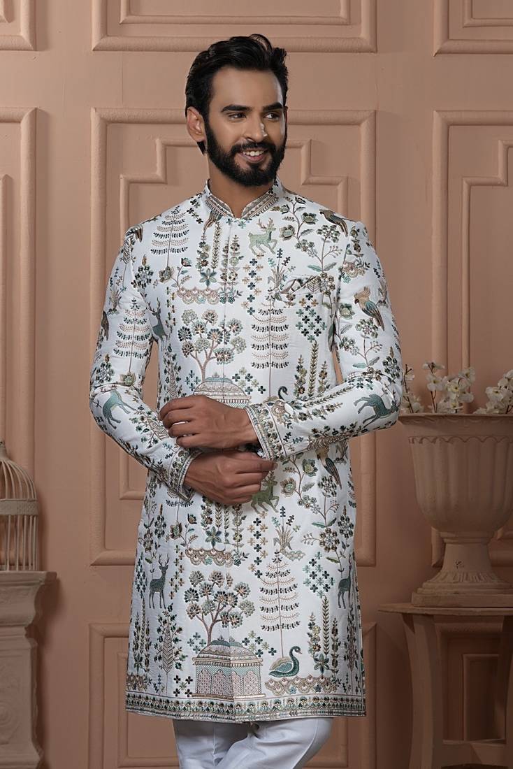 White navabi style indowestern for men 