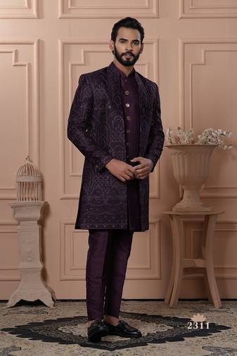 Wine color open indowestern for men 