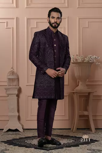 Wine color open indowestern for men 