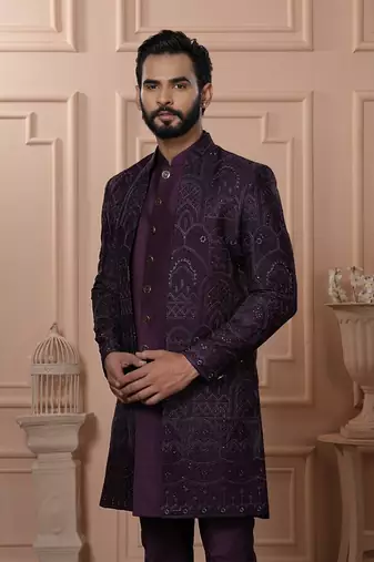 Wine color open indowestern for men 