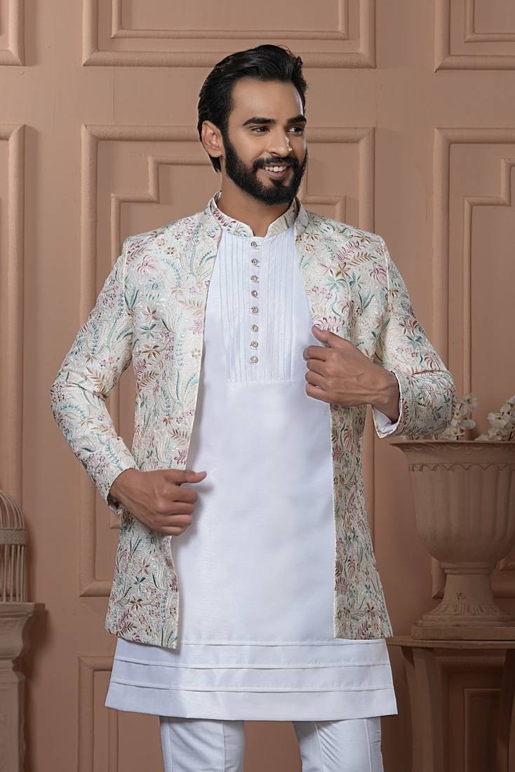 Off white color open indowestern for men 
