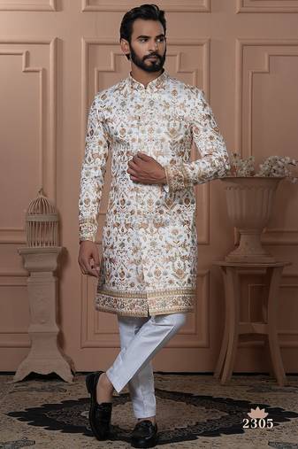 off white embroidery indowestern for men 