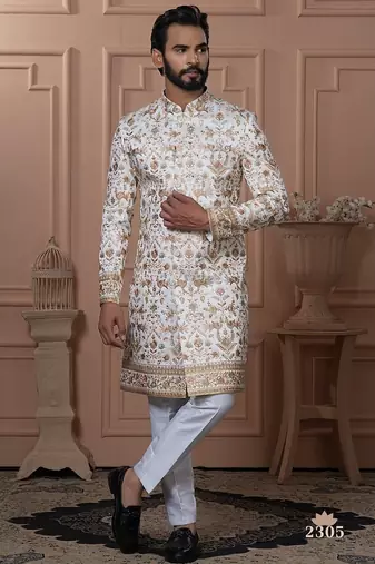 off white embroidery indowestern for men 