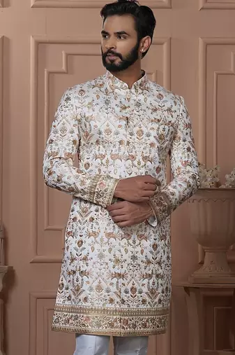 off white embroidery indowestern for men 