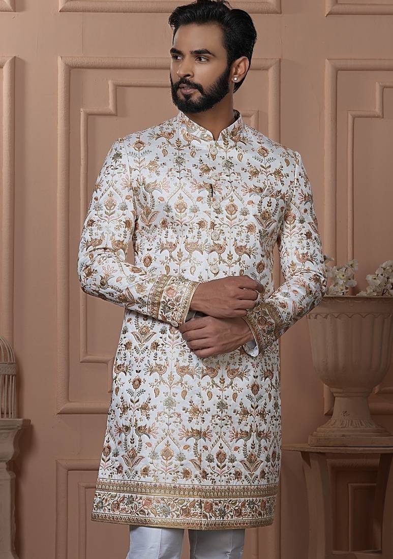 off white embroidery indowestern for men 