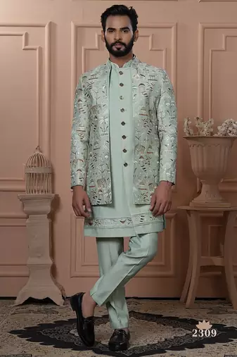 Pastel pista color open indowestern for men | premium men's ethnic wear