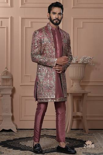 Pastel rust color open indowestern for men 