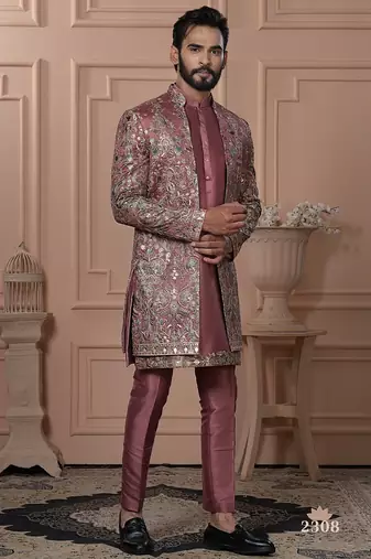 Pastel rust color open indowestern for men 
