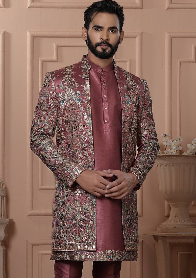 Pastel rust color open indowestern for men 