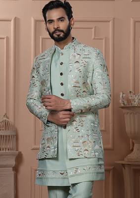 Pastel pista color open indowestern for men  2