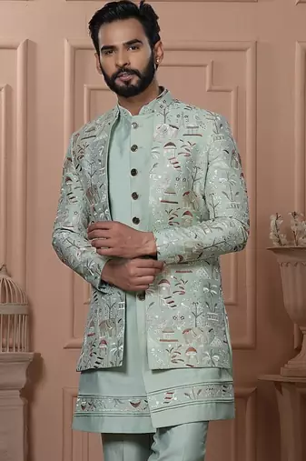 Pastel pista color open indowestern for men | premium men's ethnic wear