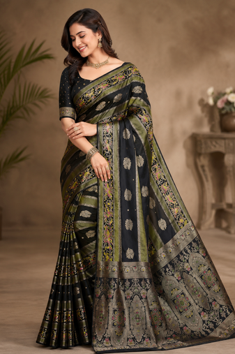 Black Jaqurad Weaving Meenakari Bird And Peacocks Figure Strip Crepe georgettete Saree
