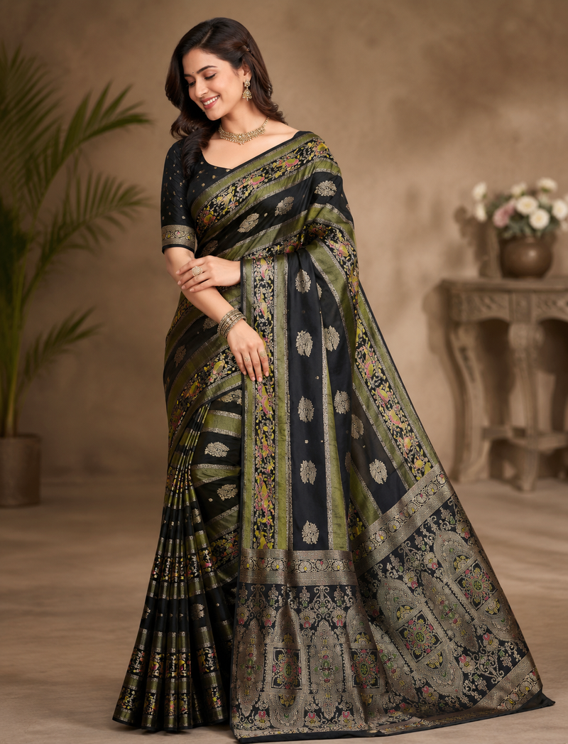 Black Color Jaqurad Weaving Meenakari Bird And Peacocks Figure Strip Crepe Georgette Saree