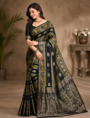 Black Color Jaqurad Weaving Meenakari Bird And Peacocks Figure Strip Crepe Georgette Saree 1