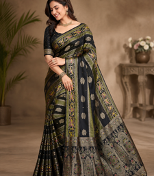 Black Jaqurad Weaving Meenakari Bird And Peacocks Figure Strip Crepe georgettete Saree