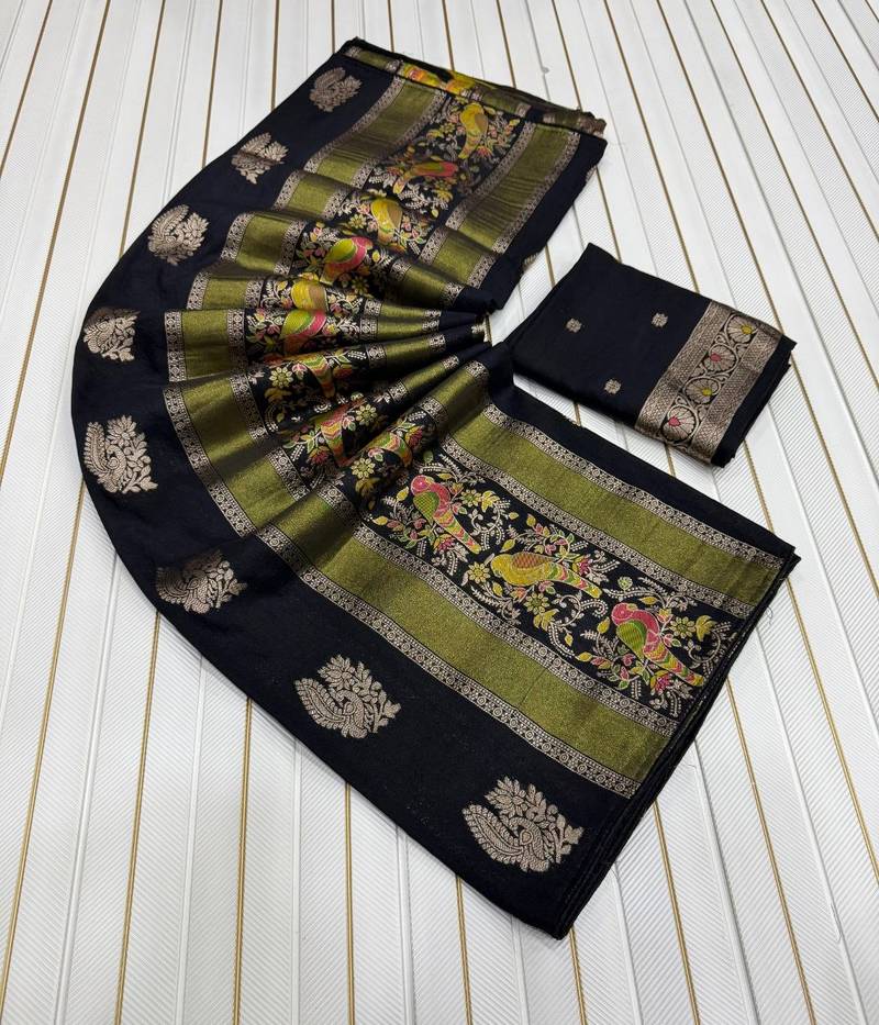 Black Color Jaqurad Weaving Meenakari Bird And Peacocks Figure Strip Crepe Georgette Saree