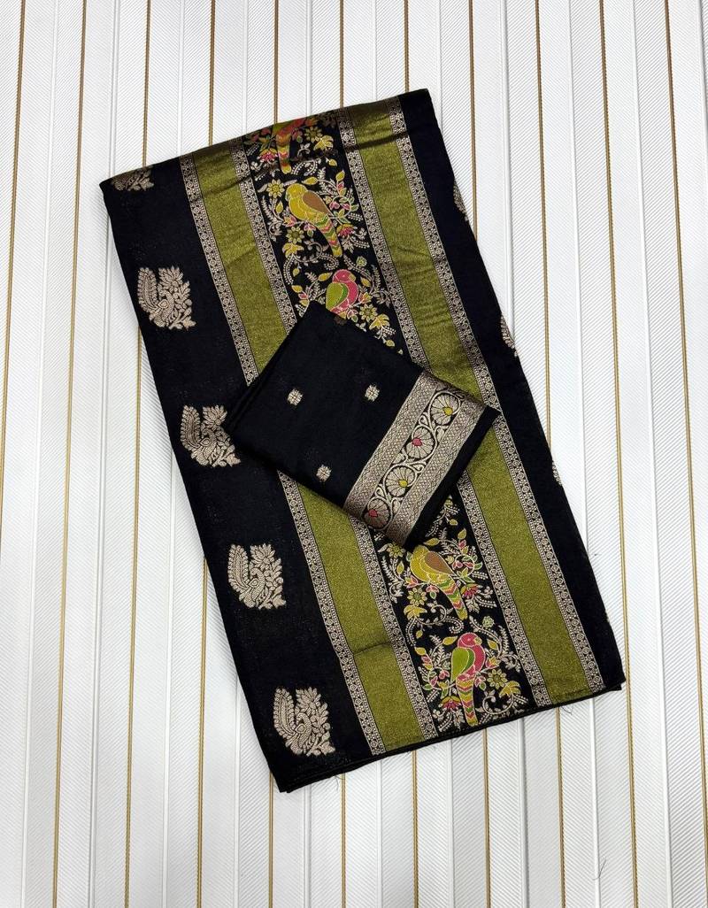 Black Color Jaqurad Weaving Meenakari Bird And Peacocks Figure Strip Crepe Georgette Saree