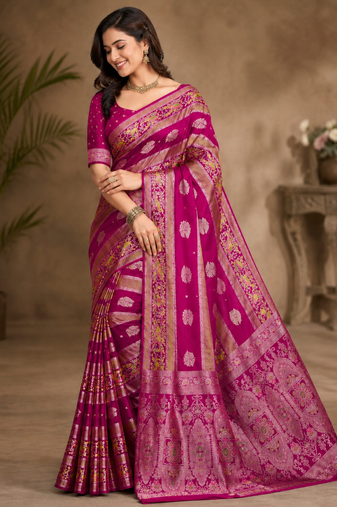 Pink Jaqurad Weaving Meenakari Bird And Peacocks Figure Strip Crepe georgettete Saree