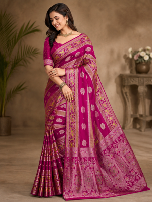 Pink Color Jaqurad Weaving Meenakari Bird And Peacocks Figure Strip Crepe Georgette Saree 1