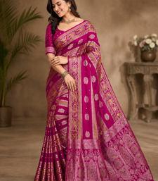 Pink Jaqurad Weaving Meenakari Bird And Peacocks Figure Strip Crepe georgettete Saree