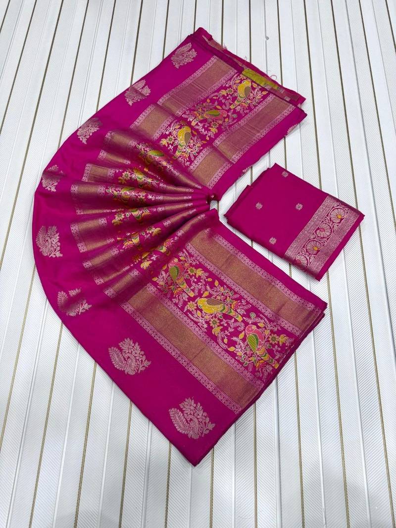 Pink Color Jaqurad Weaving Meenakari Bird And Peacocks Figure Strip Crepe Georgette Saree