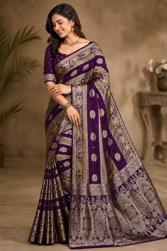 Plum Jaqurad Weaving Meenakari Bird And Peacocks Figure Strip Crepe georgettete Saree