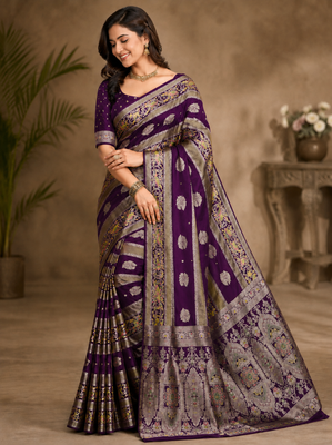 Plum Color Jaqurad Weaving Meenakari Bird And Peacocks Figure Strip Crepe Georgette Saree 1